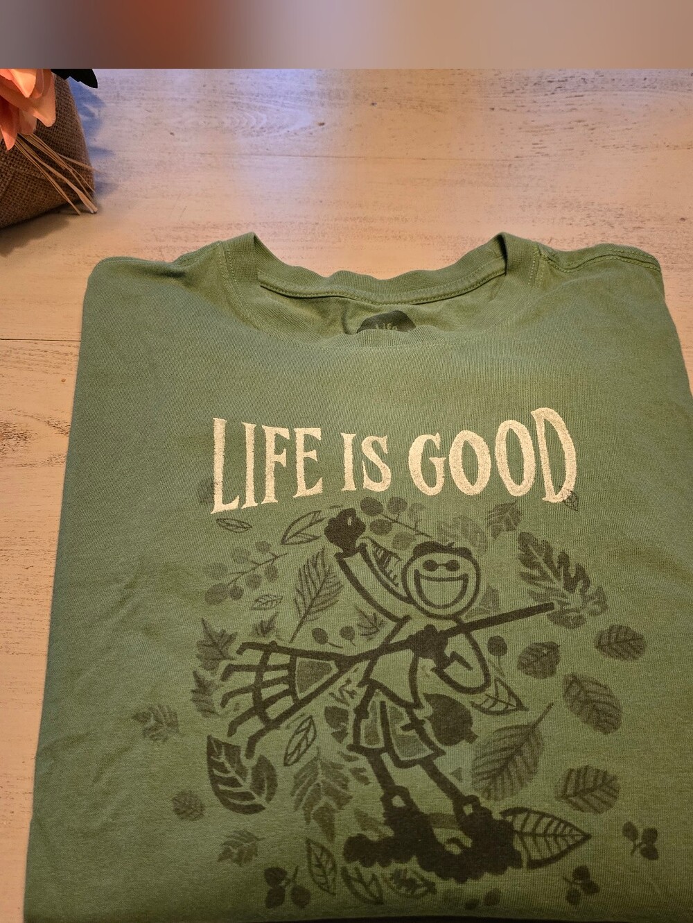 Life Is Good Long Sleeve Tshirt Men's Med Green-Jake Raking Leaves-Classic